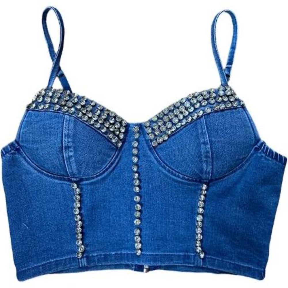 NEW NWT Rhinestone Embellished Denim Bustier Top. Light Wash Denim. Medium. - Picture 3 of 4
